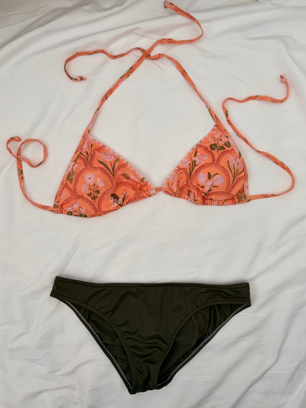 Floral Coral Triangle Bikini Top with Olive Bottom - Women Swim S/M